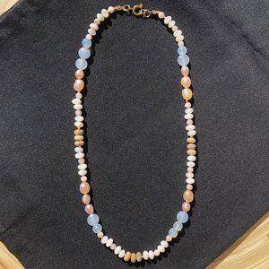 Beaded Necklace 'Cotton Candy on the Boardwalk' 17" 14k Gold Plated Aquamarine